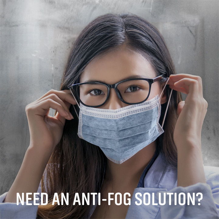 Need an anti-fog solution? Woman placing on face mask with fog-free glasses